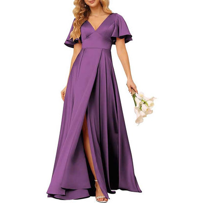Satin Bridesmaid Dresses Ruffle Sleeves A-Line Long Evening Gowns