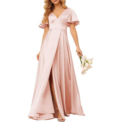 Satin Bridesmaid Dresses Ruffle Sleeves A-Line Long Evening Gowns
