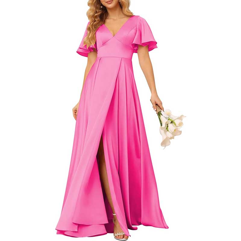 Satin Bridesmaid Dresses Ruffle Sleeves A-Line Long Evening Gowns