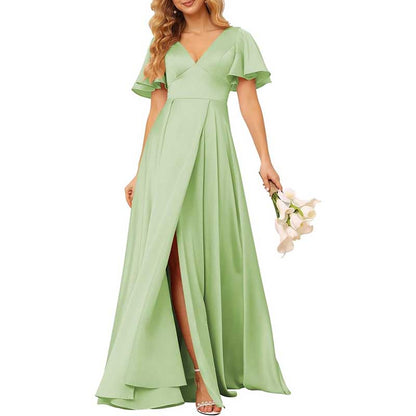 Satin Bridesmaid Dresses Ruffle Sleeves A-Line Long Evening Gowns