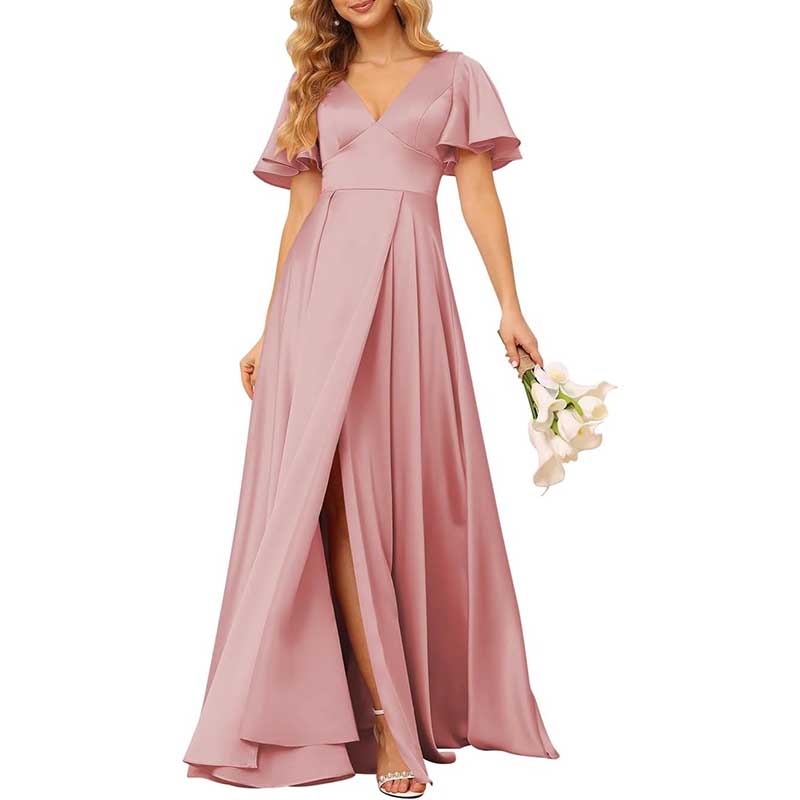 Satin Bridesmaid Dresses Ruffle Sleeves A-Line Long Evening Gowns
