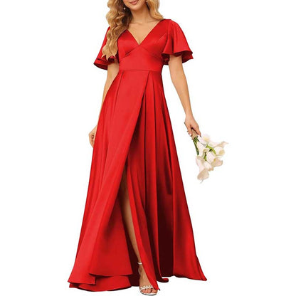 Satin Bridesmaid Dresses Ruffle Sleeves A-Line Long Evening Gowns
