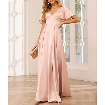 Satin Bridesmaid Dresses Ruffle Sleeves A-Line Long Evening Gowns