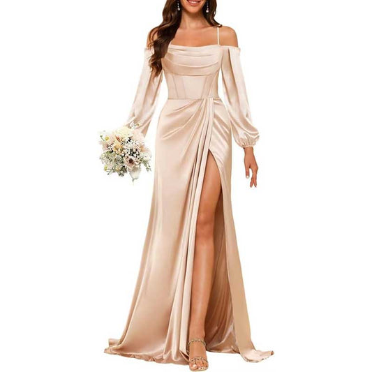 Satin Bridesmaid Dresses Long Sleeve Formal Gowns Long Prom Dresses