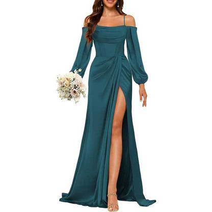 Satin Bridesmaid Dresses Long Sleeve Formal Gowns Long Prom Dresses