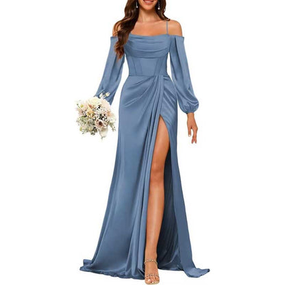 Satin Bridesmaid Dresses Long Sleeve Formal Gowns Long Prom Dresses