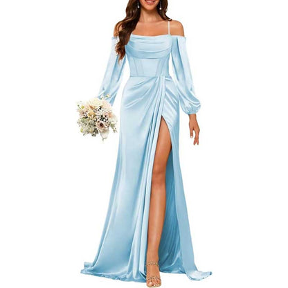 Satin Bridesmaid Dresses Long Sleeve Formal Gowns Long Prom Dresses
