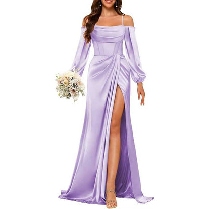 Satin Bridesmaid Dresses Long Sleeve Formal Gowns Long Prom Dresses