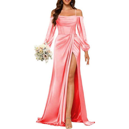 Satin Bridesmaid Dresses Long Sleeve Formal Gowns Long Prom Dresses