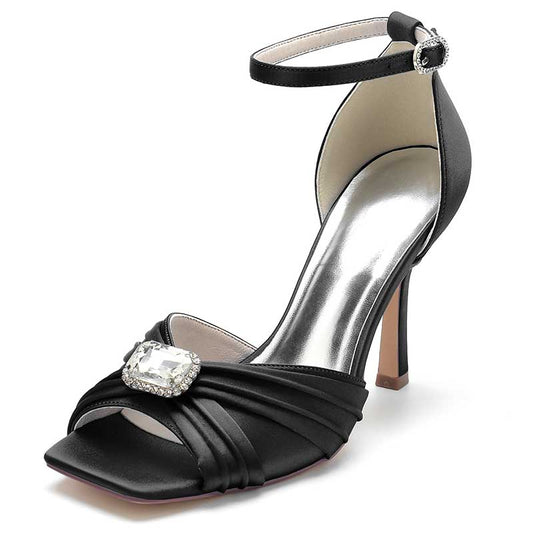 3.74" Satin Dress Shoes Open Toe Stiletto Prom Sandals With Rhinestones