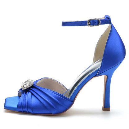 3.74" Satin Dress Shoes Open Toe Stiletto Prom Sandals With Rhinestones