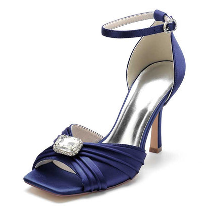 3.74" Satin Dress Shoes Open Toe Stiletto Prom Sandals With Rhinestones