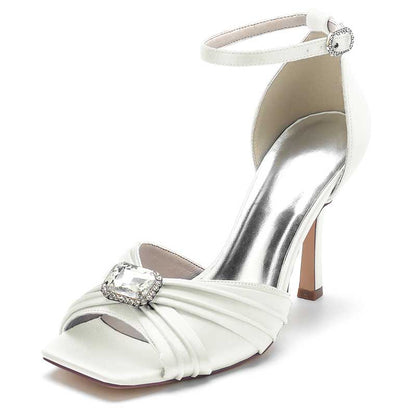 3.74" Satin Dress Shoes Open Toe Stiletto Prom Sandals With Rhinestones