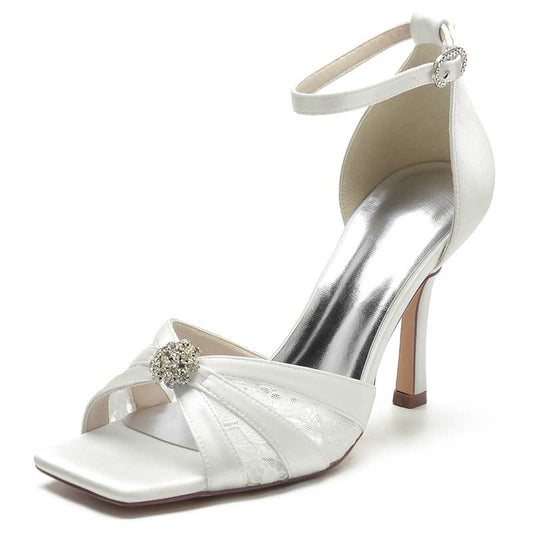3.74" Satin Dress Shoes Open Toe Strap Stiletto Prom Sandals With Rhinestones
