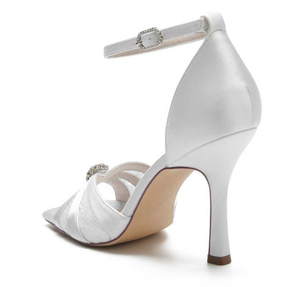 3.74" Satin Dress Shoes Open Toe Strap Stiletto Prom Sandals With Rhinestones