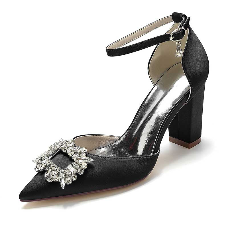 3.35" Satin Formal Shoes Block Heel Strap Wedding Shoes With Rhinestones