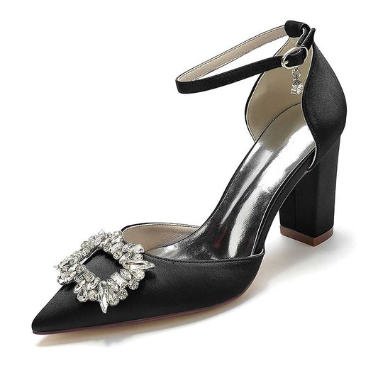 3.35" Satin Formal Shoes Block Heel Strap Wedding Shoes With Rhinestones