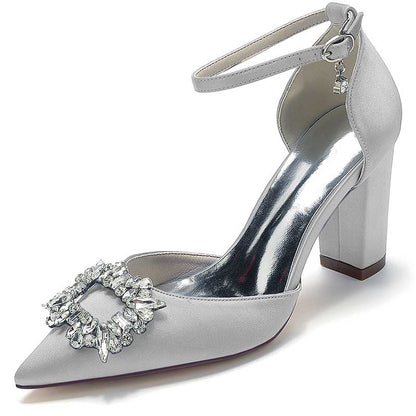 3.35" Satin Formal Shoes Block Heel Strap Wedding Shoes With Rhinestones