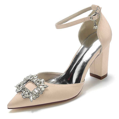 3.35" Satin Formal Shoes Block Heel Strap Wedding Shoes With Rhinestones