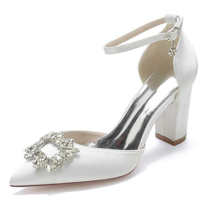 3.35" Satin Formal Shoes Block Heel Strap Wedding Shoes With Rhinestones