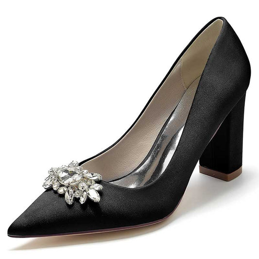 3.35" Satin Formal Shoes Block Heel Wedding Shoes With Rhinestones