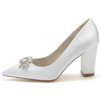 3.35" Satin Formal Shoes Block Heel Wedding Shoes With Rhinestones