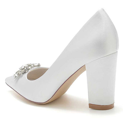3.35" Satin Formal Shoes Block Heel Wedding Shoes With Rhinestones