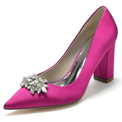 3.35" Satin Formal Shoes Block Heel Wedding Shoes With Rhinestones