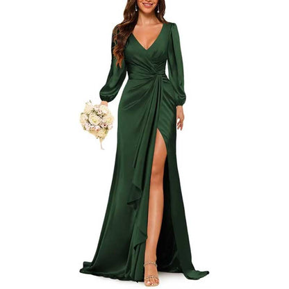 Satin Long Bridesmaid Dresses Long Sleeve Formal Gowns Evening Dresses