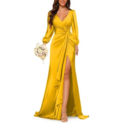 Satin Long Bridesmaid Dresses Long Sleeve Formal Gowns Evening Dresses