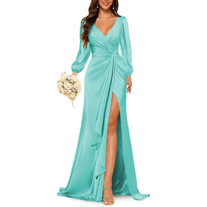 Satin Long Bridesmaid Dresses Long Sleeve Formal Gowns Evening Dresses