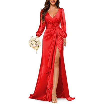 Satin Long Bridesmaid Dresses Long Sleeve Formal Gowns Evening Dresses