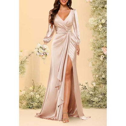 Satin Long Bridesmaid Dresses Long Sleeve Formal Gowns Evening Dresses