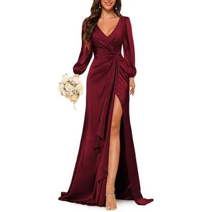Satin Long Bridesmaid Dresses Long Sleeve Formal Gowns Evening Dresses