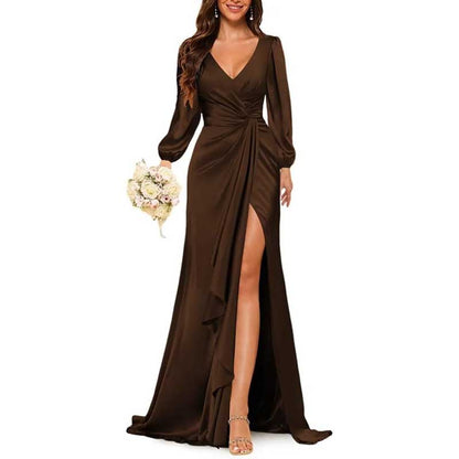 Satin Long Bridesmaid Dresses Long Sleeve Formal Gowns Evening Dresses