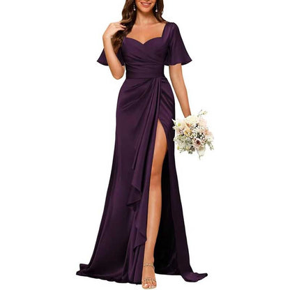 Satin Long Bridesmaid Dresses Short Sleeve Formal Gowns A-Line Prom Dresses