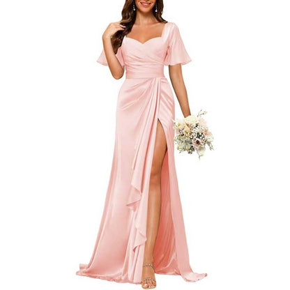 Satin Long Bridesmaid Dresses Short Sleeve Formal Gowns A-Line Prom Dresses