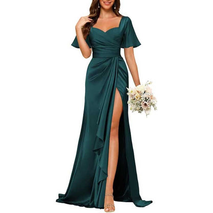 Satin Long Bridesmaid Dresses Short Sleeve Formal Gowns A-Line Prom Dresses