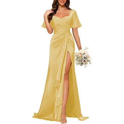 Satin Long Bridesmaid Dresses Short Sleeve Formal Gowns A-Line Prom Dresses