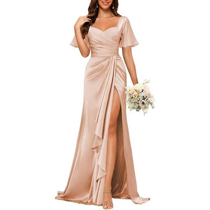 Satin Long Bridesmaid Dresses Short Sleeve Formal Gowns A-Line Prom Dresses