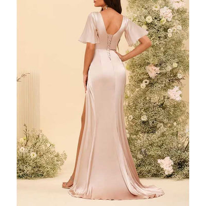 Satin Long Bridesmaid Dresses Short Sleeve Formal Gowns A-Line Prom Dresses