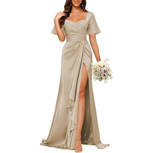 Satin Long Bridesmaid Dresses Short Sleeve Formal Gowns A-Line Prom Dresses