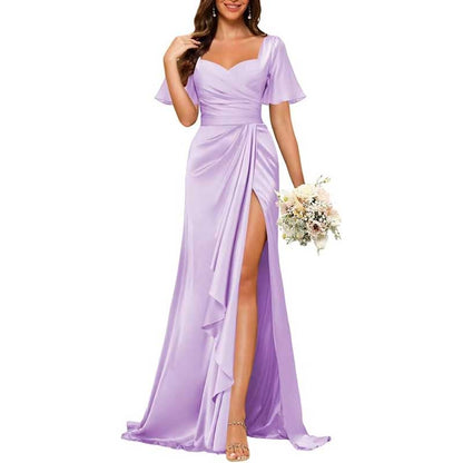 Satin Long Bridesmaid Dresses Short Sleeve Formal Gowns A-Line Prom Dresses