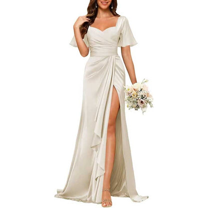 Satin Long Bridesmaid Dresses Short Sleeve Formal Gowns A-Line Prom Dresses