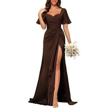 Satin Long Bridesmaid Dresses Short Sleeve Formal Gowns A-Line Prom Dresses