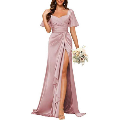 Satin Long Bridesmaid Dresses Short Sleeve Formal Gowns A-Line Prom Dresses