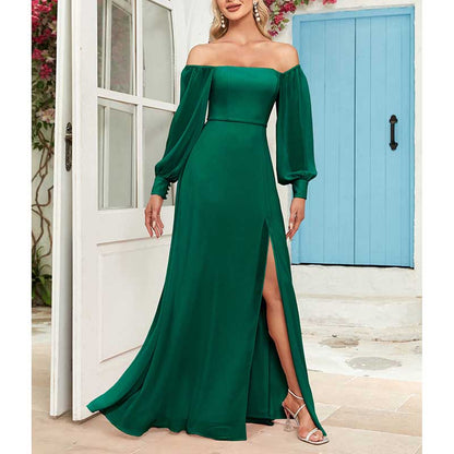 Long Sleeve Prom Gown Off The Shoulder Evening Dress Satin Maxi Dress