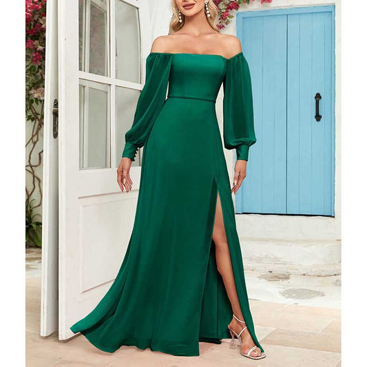 Long Sleeve Prom Gown Off The Shoulder Evening Dress Satin Maxi Dress