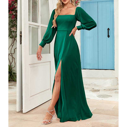 Long Sleeve Prom Gown Off The Shoulder Evening Dress Satin Maxi Dress