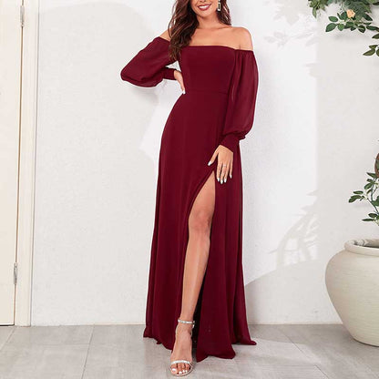 Long Sleeve Prom Gown Off The Shoulder Evening Dress Satin Maxi Dress